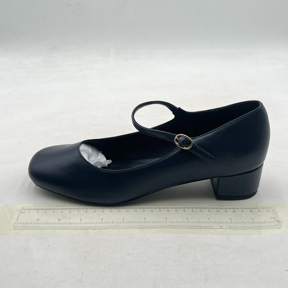miss left Black Single Strap Buckle Square Toe Mary Janes Block Low Heel Pumps